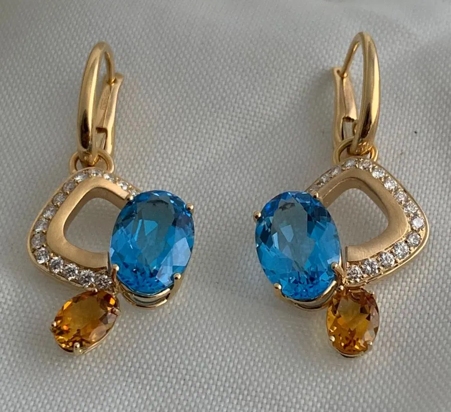 Öro Trend Rose Gold  Diamond / Bule Topaz / Citrine Earrings