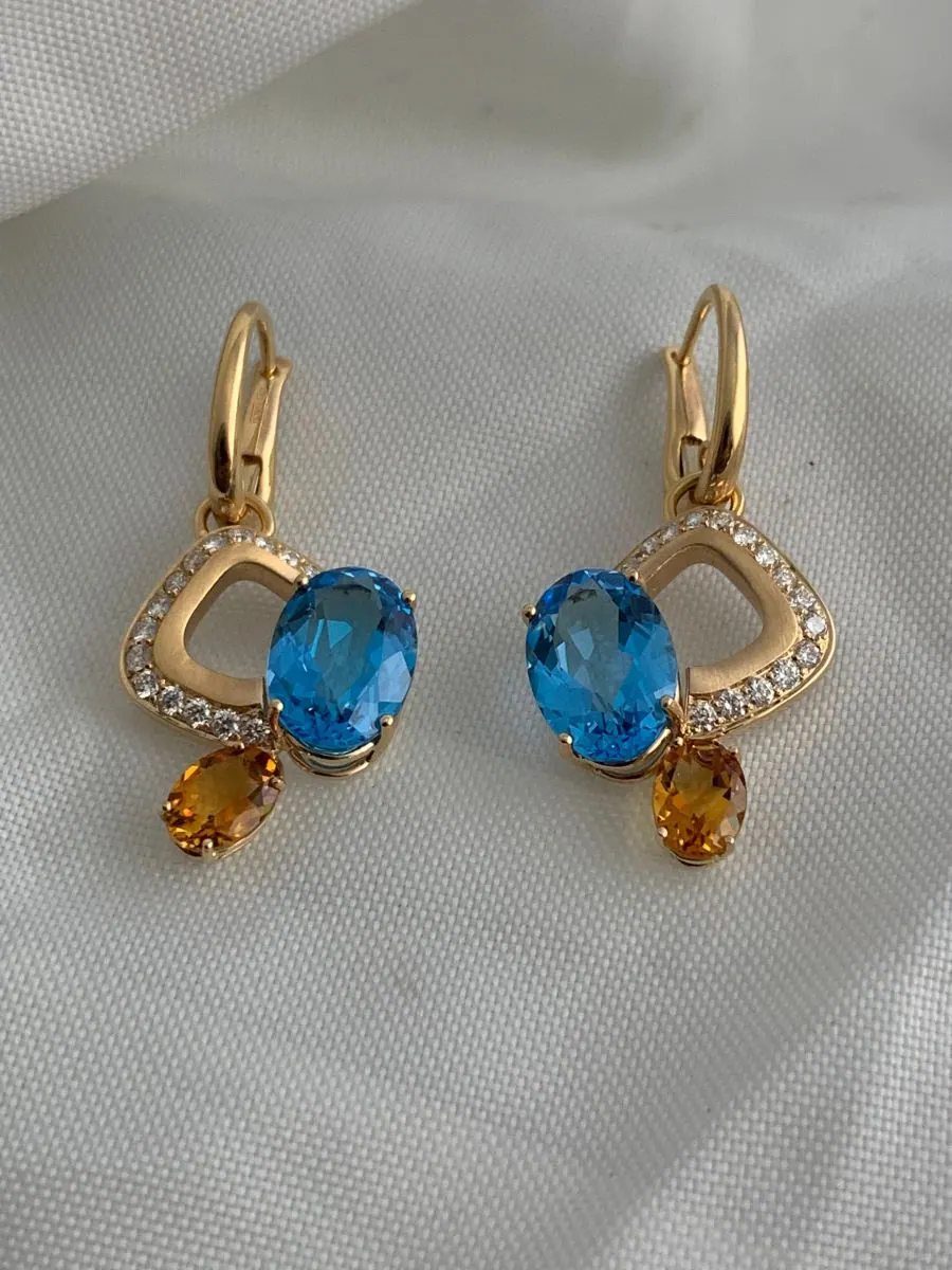 Öro Trend Rose Gold  Diamond / Bule Topaz / Citrine Earrings view 4