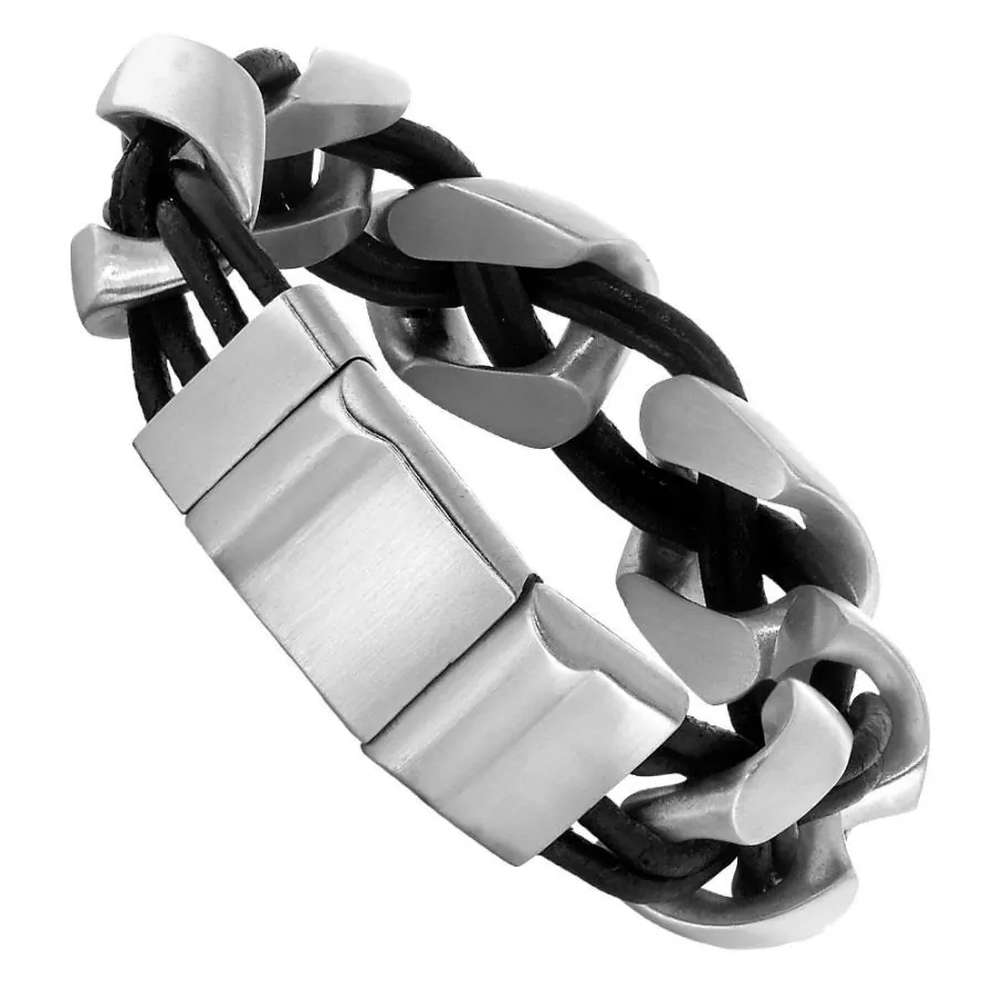316L Stainless Steel and Black Leather cord woven Link Bracelet with Adjustable Magnetic Clasp. 8.5″ – 9.25″