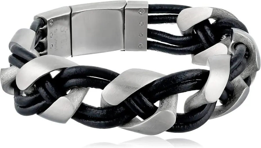 316L Stainless Steel and Black Leather cord woven Link Bracelet with Adjustable Magnetic Clasp. 8.5″ – 9.25″ view 2