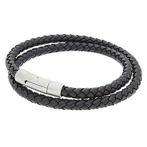 BLACK LEATHER & STAINLESS STEEL DOUBLE BRACELET
Braided black leather double bracelet with stainless steel clasp. Length: 17.5 inches