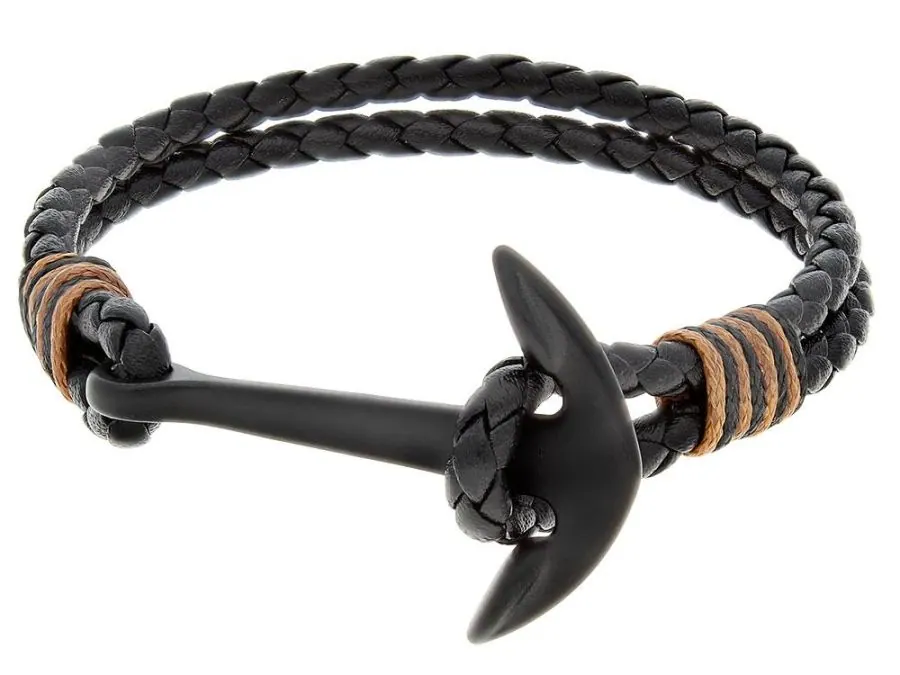 Black Braided Leather Cord Bracelet with Black Ion-Plated Stainless Steel Anchor Hook