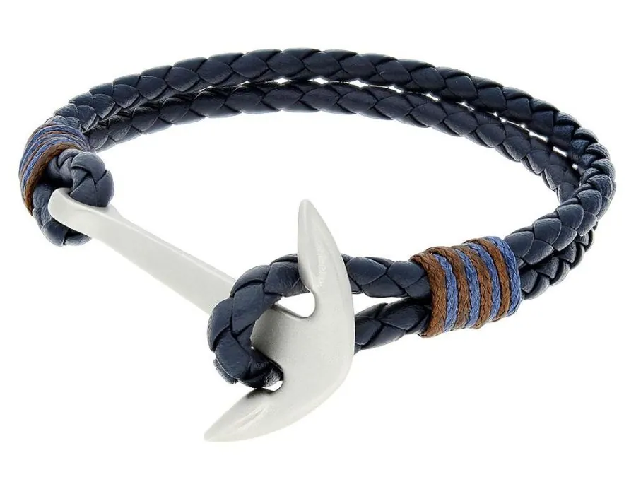 Blue Braided Leather Cord Bracelet with Stainless Steel Anchor Hook