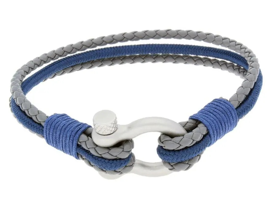 Grey leather / Navy nylon cord bracelet