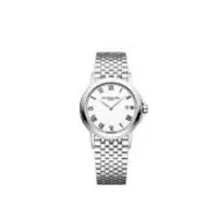 Raymond Weil Slim Stainless Steel Lady’s Quartz Watch with Roman Numerals on White Dial, TRADITION COLLECTION