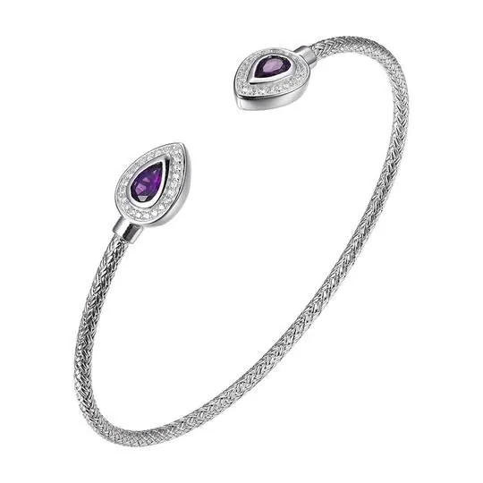 Sterling Silver 2mm Mesh Cuff with Africa Amethyst and CZ, Stone Size 6x4mm, Rhodium Finish