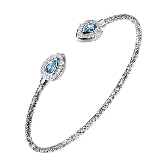 Sterling Silver 2mm Mesh Cuff with Blue Topaz and CZ, Stone Size 6x4mm, Rhodium Finish