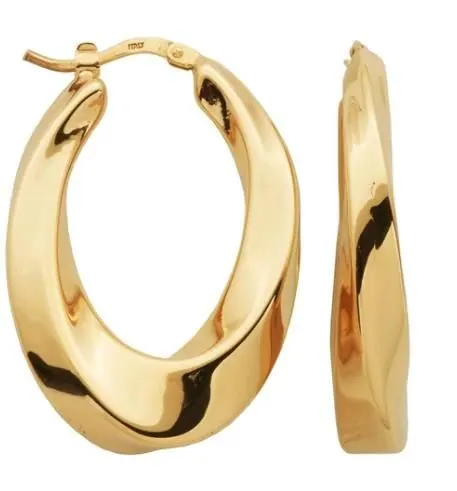 Sterling Silver Electroform Earrings, Twist Oval Shape, approximate 34x23mm, 18K Yellow Gold Finish