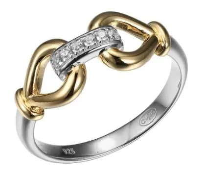 Sterling Silver CZ Ring, Size 7, 2 Tone 18K Yellow Gold and Rhodium Finish