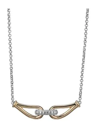 Sterling Silver Necklace with CZ, 17″+2″, 2 Tone 18K Yellow Gold and Rhodium Finish