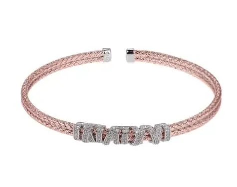 Sterling Silver Double 2mm Mesh Cuff with CZ, 2 Tone, Rose Gold and Rhodium Finish