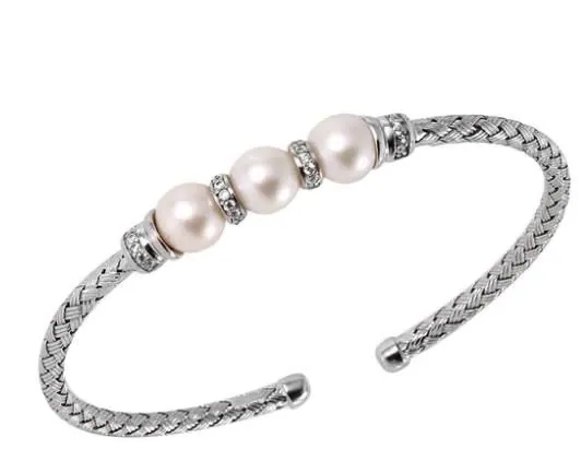 Sterling Silver 3mm Mesh Cuff with Freshwater Pearl and CZ, Rhodium Finish