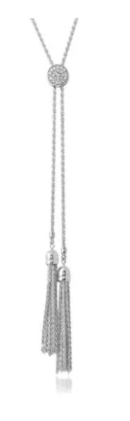 Sterling Silver Bolo Tassel Necklace with CZ, 36″, Rhodium Finish