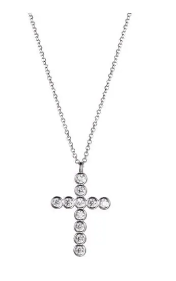 Sterling Silver Cross Necklace with CZ, 17″+2″, Rhodium Finish