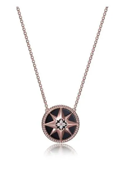 Sterling Silver Necklace with Black Onyx and CZ, 16″+3″, Rose Gold Finish