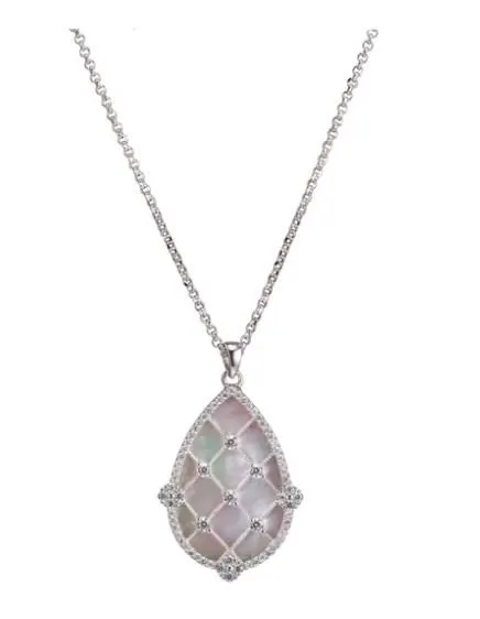 Sterling Silver Necklace with Mother of Pearl and CZ, 17″+2″, Rhodium Finish