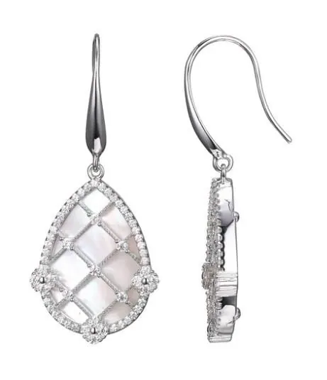 Sterling Silver Earrings with Mother of Pearl and CZ, French Wire, Rhodium Finish