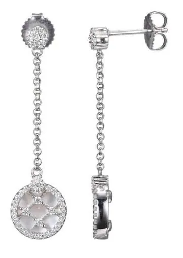 Sterling Silver Earrings with Mother of Pearl and CZ, Post Back, Rhodium Finish