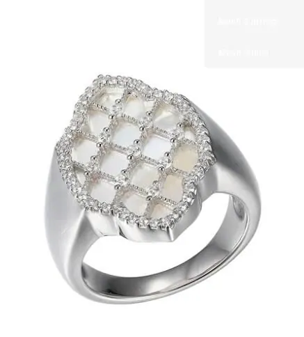 Sterling Silver Ring with Mother of Pearl and CZ, Size 7, Rhodium Finish
