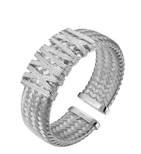 Sterling Silver 23mm Mesh Cuff with CZ, Rhodium Finish