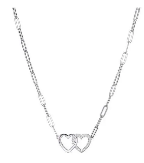 Sterling Silver Necklace Made With Paperclip Chain (3Mm) And 2 Hearts In Center, Measures 17″ Long, Plus 2″ Extender For Adjustable Length, Rhodium Finish