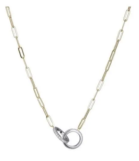 Sterling Silver Necklace Made With Paperclip Chain (3Mm) And 2 Cz Circles In Center, Measures 17″ Long, Plus 2″ Extender For Adjustable Length, Two Tone, 18K Yellow Gold And Rhodium Finish
