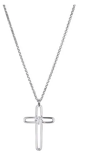 Sterling Silver Necklace made with Rolo Chain and Cross Pendant with CZ in Center, Measures 17″ Long, Plus 2″ Extender for Adjustable Length, Rhodium Finish