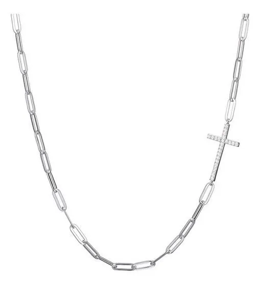 Sterling Silver Necklace Made With Paperclip Chain (3Mm) And Sideway Cz Cross, Measures 17″ Long, Plus 2″ Extender For Adjustable Length, Rhodium Finish