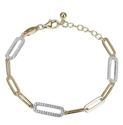 Sterling Silver Bracelet made with Paperclip Chain (5mm) and 3 CZ Link Stations, Measures 6.75″ Long, Plus 1.25″ Extender for Adjustable Length, 2 Tone, 18K Yellow Gold and Rhodium Finish