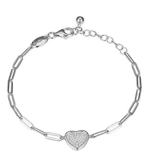 Sterling Silver Bracelet Made With Paperclip Chain (3Mm) And Pave Cz Heart In Center, Measures 6.75″ Long, Plus 1.25″ Extender For Adjustable Length, Rhodium Finish