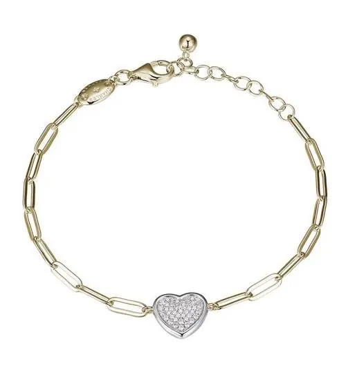 Sterling Silver Bracelet Made With Paperclip Chain (3Mm) And Pave Cz Heart In Center, Measures 6.75″ Long, Plus 1.25″ Extender For Adjustable Length, Two Tone, 18K Yellow Gold And Rhodium Finish