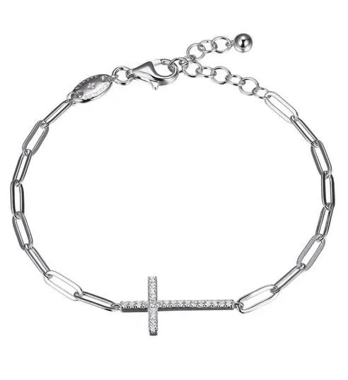 Sterling Silver Bracelet Made With Paperclip Chain (3Mm) And Cz Cross In Center, Measures 6.75″ Long, Plus 1.25″ Extender For Adjustable Length, Rhodium Finish