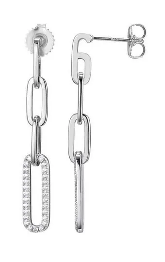 Sterling Silver Earrings Made With Paperclip Chain (5Mm) And Cz Links, Post Back, Rhodium Finish