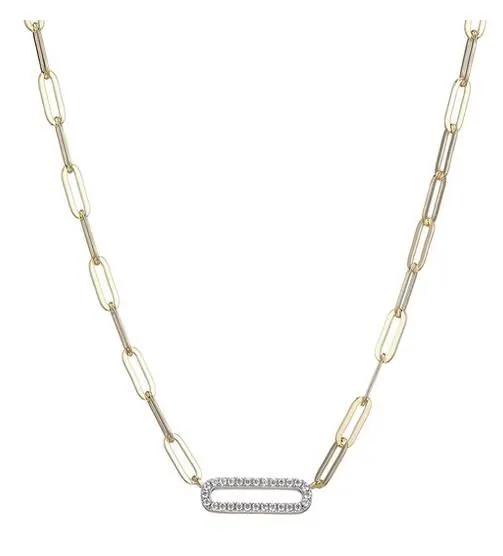 Sterling Silver Necklace Made With Paperclip Chain (5Mm) And Cz Link In Center, Measures 17″ Long, Plus 2″ Extender For Adjustable Length, Two Tone, 18K Yellow Gold And Rhodium Finish