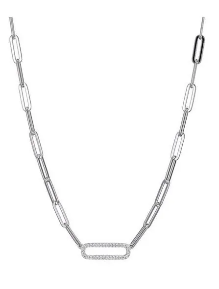 Sterling Silver Necklace Made With Paperclip Chain (5Mm) And Cz Link In Center, Measures 17″ Long, Plus 2″ Extender For Adjustable Length, Rhodium Finish
