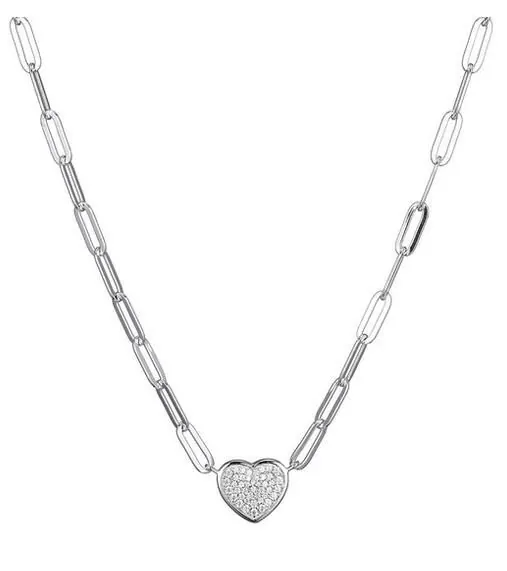 Sterling Silver Necklace made with Paperclip Chain (3mm) and Pave CZ Heart (12x11mm) in Center, Measures 17″ Long, Plus 2″ Extender for Adjustable Length, Rhodium Finish