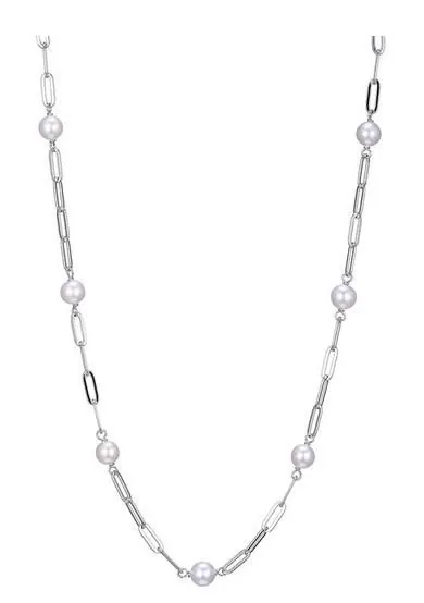 Sterling Silver Station Necklace made with Paperclip Chain (3mm) and 7 Pieces Freshwater Pearls (size 6-7mm) , Measures 16″ Long, Plus 2″ Extender for Adjustable Length, Rhodium Finish