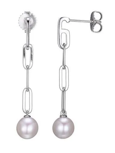 Sterling Silver Earrings made with Paperclip Chain (3mm) and Freshwater Pearls (size 7-8mm), Post Back, Rhodium Finish