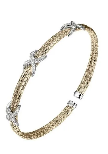 Sterling Silver Double 2mm Mesh Cuff with CZ, 2 Tone 18K Yellow Gold and Rhodium Finish