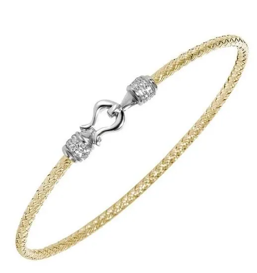 Sterling Silver 2mm Mesh Bangle with CZ, 2 Tone, 18K Yellow Gold and Rhodium Finish