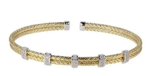 Sterling Silver Double 2mm Mesh Cuff with CZ, 2 Tone, 18K Yellow Gold and Rhodium Finish