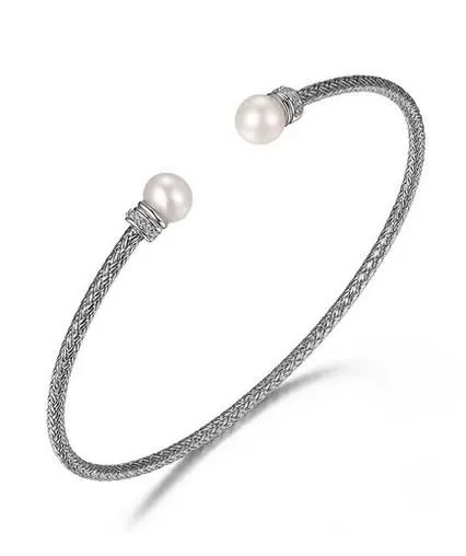 Sterling Silver 2mm Mesh Cuff with Freshwater Pearl and CZ, Rhodium Finish