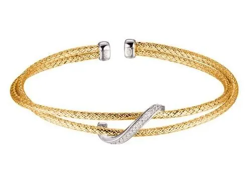 Sterling Silver 2mm Double Mesh Cuff with CZ, 2 Tone, 18K Yellow Gold & Rhodium Finish