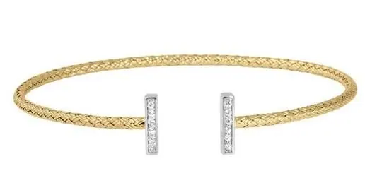 Sterling Silver 2mm Mesh Cuff with CZ, 2 Tone, 18K Yellow Gold and Rhodium Finish