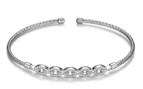 Sterling Silver 2mm Mesh Cuff with CZ, Rhodium Finish