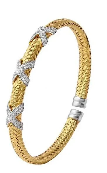 Sterling Silver 6mm Mesh Cuff with CZ, 2 Tone, 18K Yellow Gold and Rhodium Finish