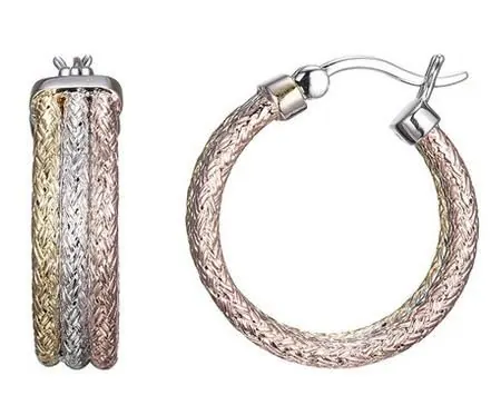 Sterling Silver triple 2mm Mesh Earrings, Round approximate 25mm, Tricolor, Rose Gold, 18K Yellow Gold and Rhodium Finish