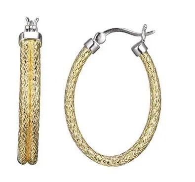 Sterling Silver Double 2mm Mesh Earrings, Oval approximate 30X22mm, 2 Tone, 18K Yellow Gold and Rhodium Finish