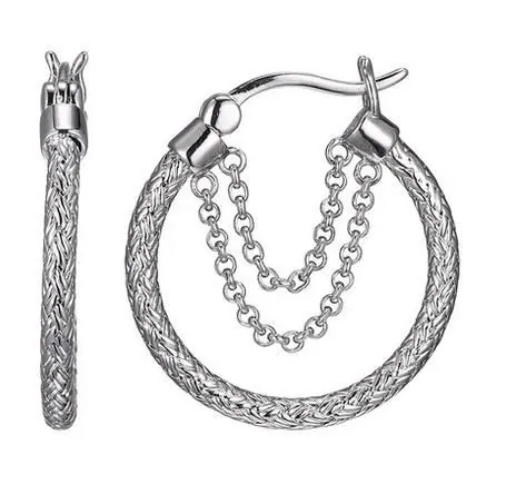 Sterling Silver 2mm Mesh Earring with chain, Round approximate 22mm, Rhodium Finish