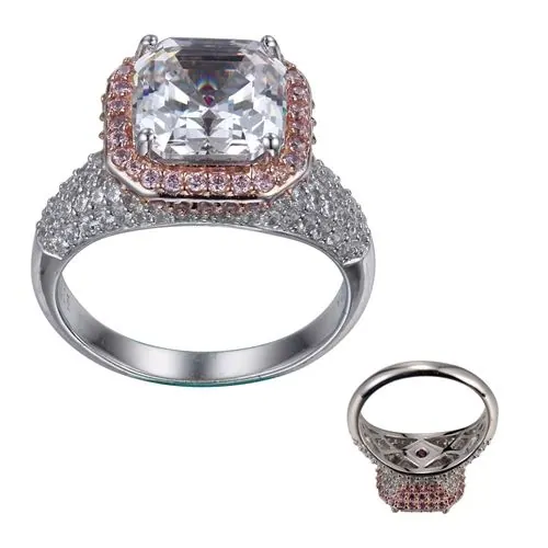 ELLE SS RHOD PLTD ROSE(GP40) RING 3A CZ ASSCHER CUTSQPB9MM & RD & PK CZ(#2)(A4) RD & PINK CZ#2(A4) RD #7 1 / 2 ” X 1 / 2 “